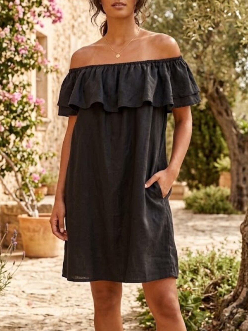 Beachlunchlounge Black Ruffle Off The Shoulder Shift Sundress Size L